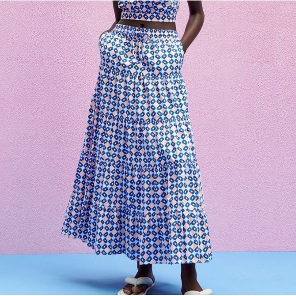 Zara Woman Multicolored Geometric Print Tiered Maxi Skirt Size S - Picture 15 of 15